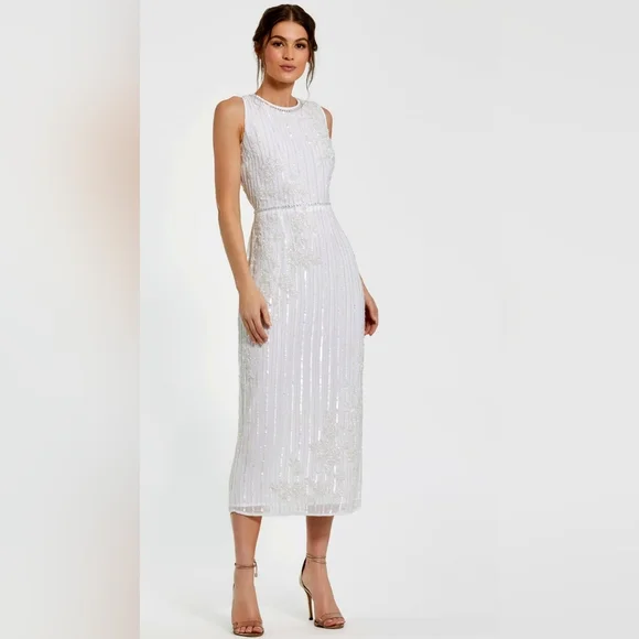 NWT Mac Duggal 70260 White Striped Beaded Floral Embellish Sleeveless Midi Dress - Picture 3 of 16